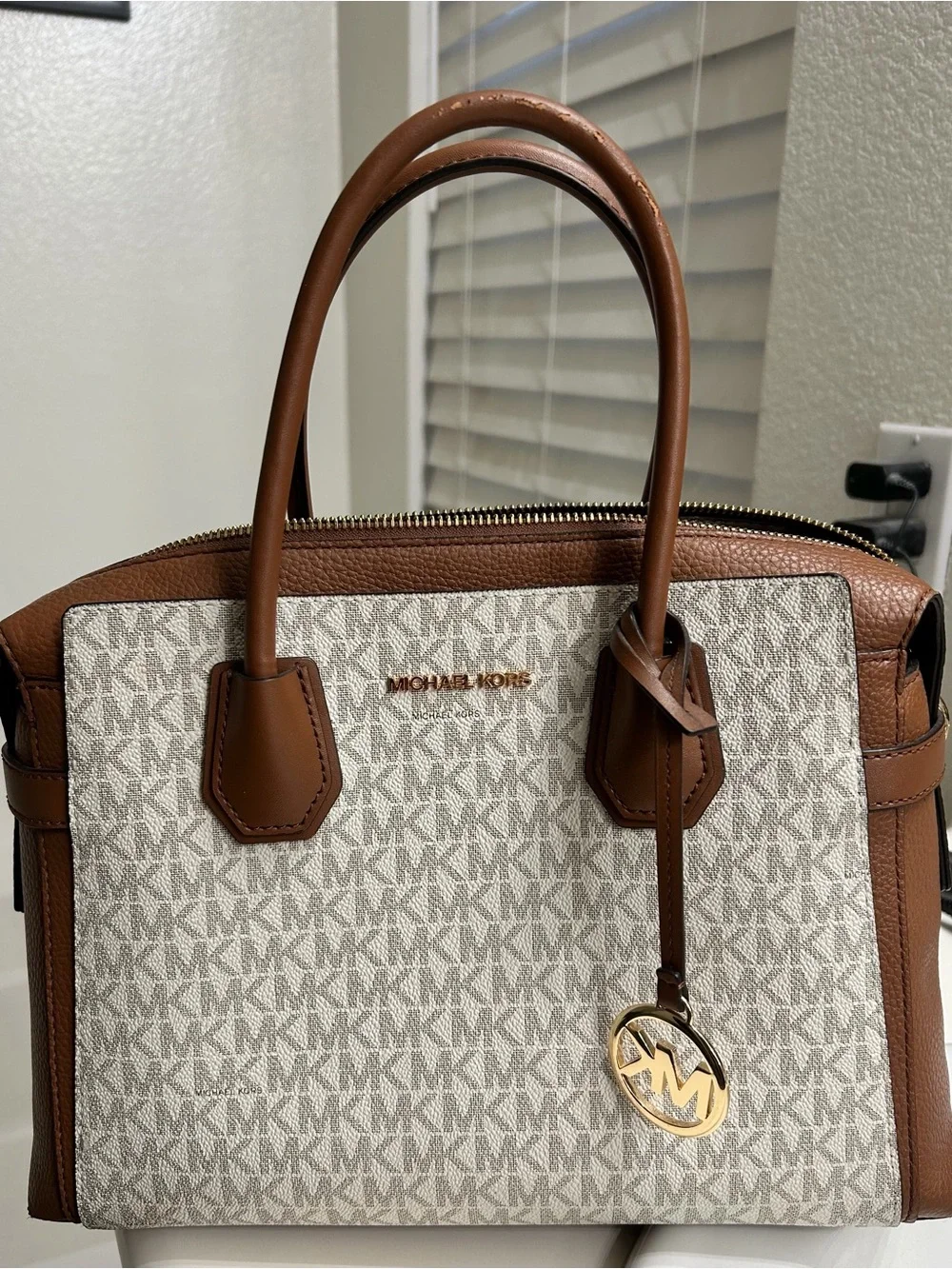 Michael Kors Mercer Gallery Large Satchel Vanilla MK Brown Shoulder Bag
